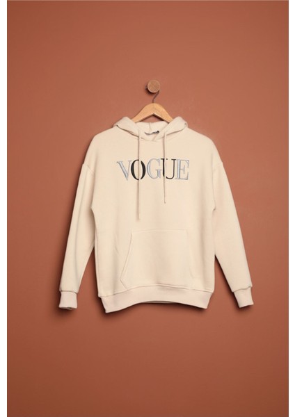 Üç Iplik Vogue Nakışlı Kapüşonlu Kadın Bej Sweat