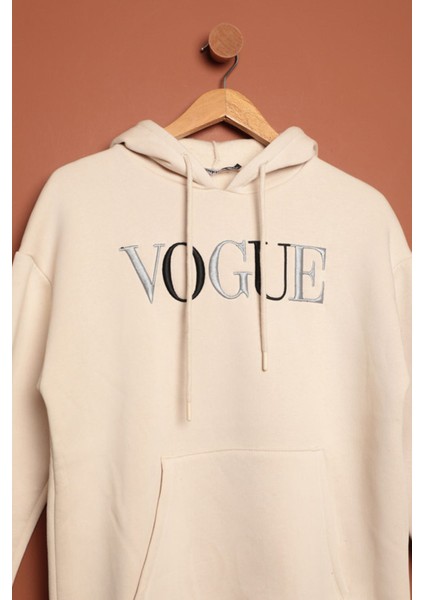 Üç Iplik Vogue Nakışlı Kapüşonlu Kadın Bej Sweat