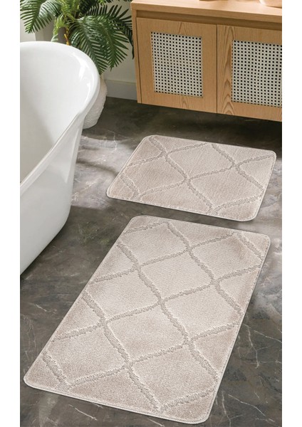 Doğal Kaymaz Taban Banyo Paspas Seti Uzun Ömürlü Yumuşak Dokulu Su Emici Yıkanabilir Vizon Çizgili Set 50x80-50x40