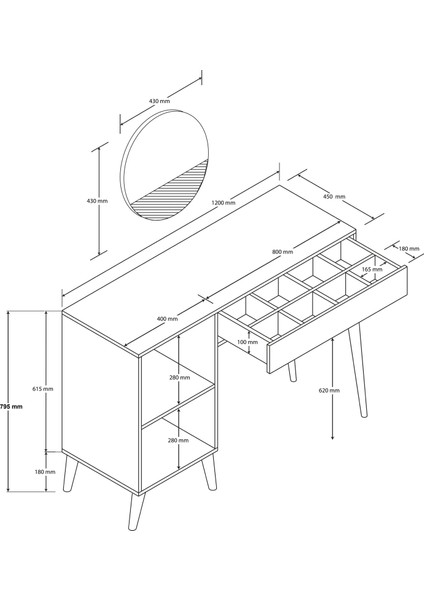 Love Aynalı (Ahşap Ayaklı)Mdf Profil Çerçeveli Çekmeceli - Kapaklı 120  cm  Makyaj Masası