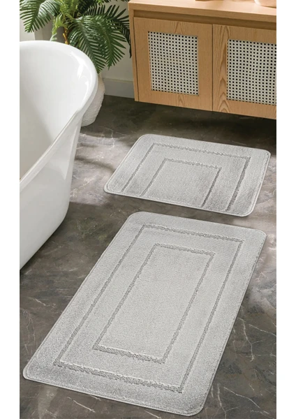 Doğal Kaymaz Taban Banyo Paspas Seti Uzun Ömürlü Yumuşak Dokulu Su Emici Yıkanabilir Gri Çerçeve Set 50x80-50x40