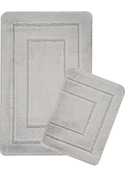 Doğal Kaymaz Taban Banyo Paspas Seti Uzun Ömürlü Yumuşak Dokulu Su Emici Yıkanabilir Gri Çerçeve Set 50x80-50x40