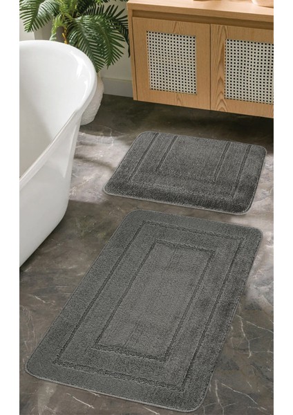 Doğal Kaymaz Taban Banyo Paspas Seti Uzun Ömürlü Yumuşak Dokulu Su Emici Yıkanabilir Antrasit Çerçeve Set 50x80-50x40