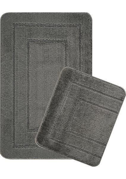 Doğal Kaymaz Taban Banyo Paspas Seti Uzun Ömürlü Yumuşak Dokulu Su Emici Yıkanabilir Antrasit Çerçeve Set 50x80-50x40