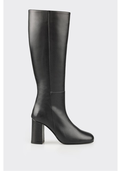 Siyah Deri Kadın Yüksek Topuk Çizme