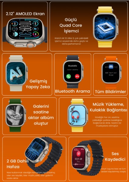Xiaomi Redmi Note 9 Uyumlu Akıllı Saat Watch Ultra2 49MM Kordon Hediyeli - Son Versiyon