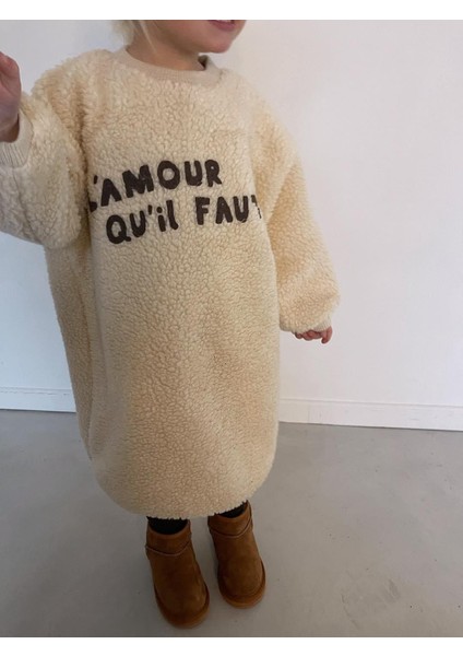 Kız Çocuk Yeni Sezon Taba - Taş Renk Nakış Detay Işlemeli Peluş Midi Boy Elbise