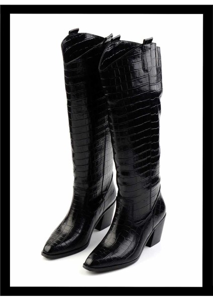 Siyah Kroko Kadın Çizme K03192184011