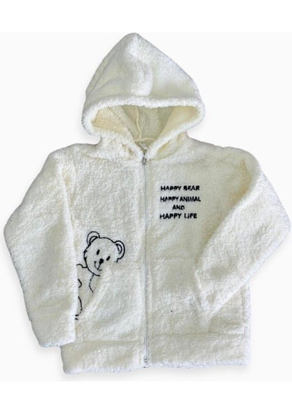 Unisex Çocuk Fermuarlı Cepli Peluş Kapüşonlu Beyaz Welsoft Sweatshirt