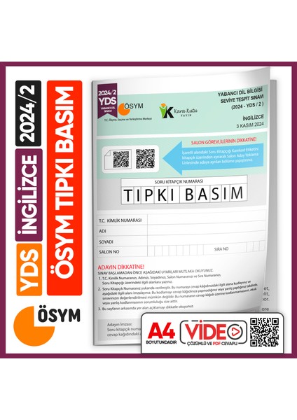 YDS İngilizce 2024/2 ÖSYM Tıpkı Basım Çıkmış Soru Deneme Kitapçığı Yeni Baskı Video Çözümlü Türkiye Geneli