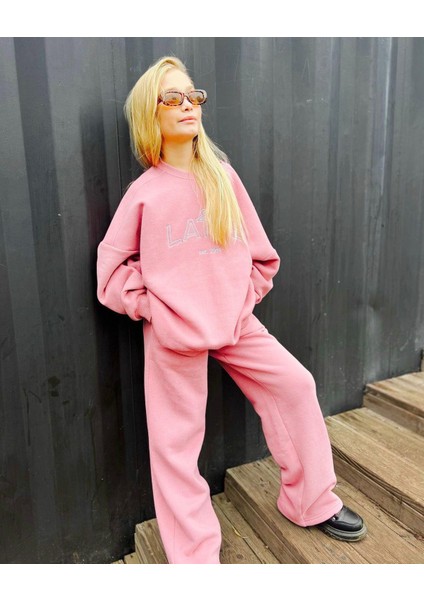 Unisex Çocuk Nakış Işlemeli Cepli Latte Pembe Alt Üst Takım