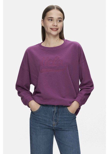 BARBARA Mor Nakışlı Oversize Kadın Sweatshirt