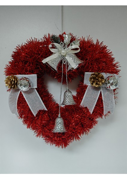 Yılbaşı Kapı Süsü Kalp Şeklinde Yeni Yıl Noel Dekoratif Kapı Süsü - 33 cm - KS024