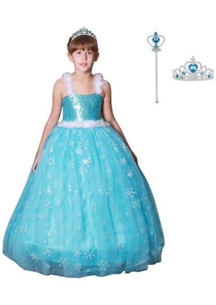 Kız Çocuk Frozen Elsa Askılı Tarlatanlı Kabarık Kostüm Taç Asa Hediyeli 1-12 Yaş