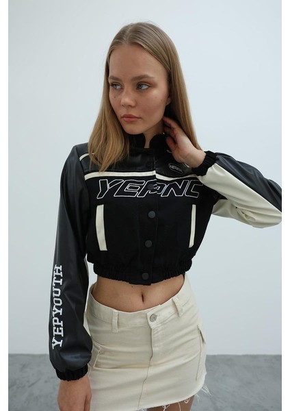 Crop Biker Ceket Deri - Siyah