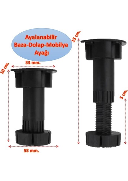Siyah Ayarlanabilir Baza Ayağı 10 - 15 cm - 4 Adet -Tezgah ve Mobilya Ayağı
