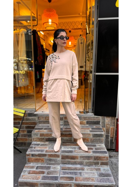 4696 Taşlı Angora Saten Tunik-Bej fiyatları