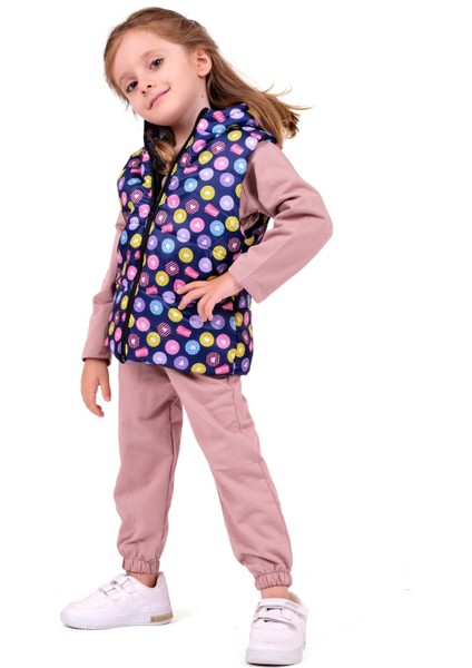 Kız Bebek Sweet Yazılı Kapüşonlu Yelekli Takım - Gül Kurusu
