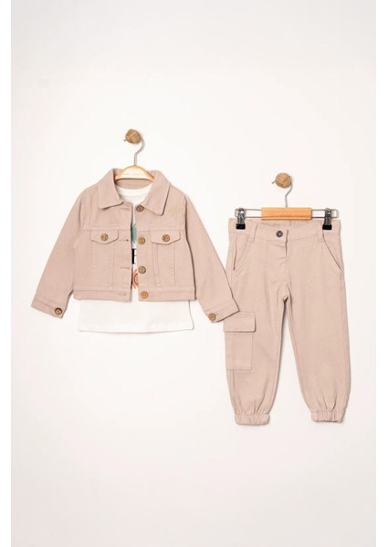 Düğmeli Kargo Cepli Kız Çocuk ceketli takım - Açık Pudra