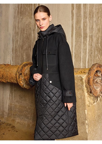 UW259004 Unıque Kaşe Kumaş Garnili Uzun Mont