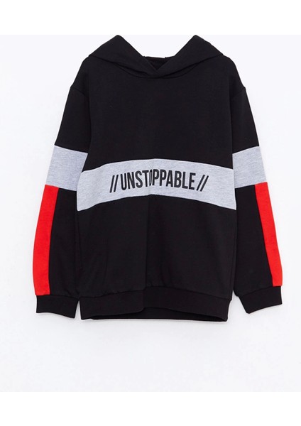 Lcw Kids Siyah Kapüşonlu Baskılı Uzun Kollu Erkek Çocuk Sweatshirt