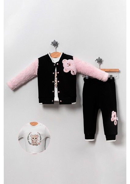Kız Bebek Ayıcık Desenli Üçlü Takım - Siyah/pembe