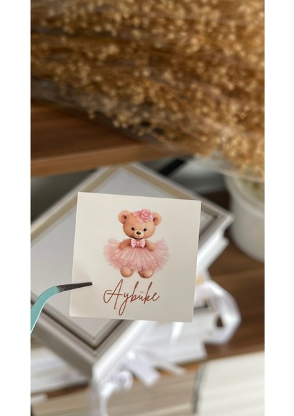 Pembe Elbiseli Ayıcık Yenidoğan Çikolata Etiketi 3,8x3,8 cm 54 Adet