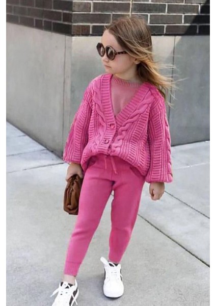 Zincir Desen Triko Hırkalı Kız Çocuk 2 Li takım - Fuşya