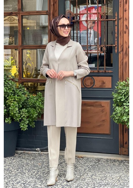 Missdalida Deri Detaylı Triko Ceket T25K-8023 Bej
