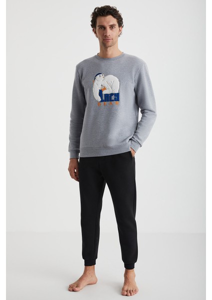 Lazy Nakışlı Erkek Pijama Sweatshirt