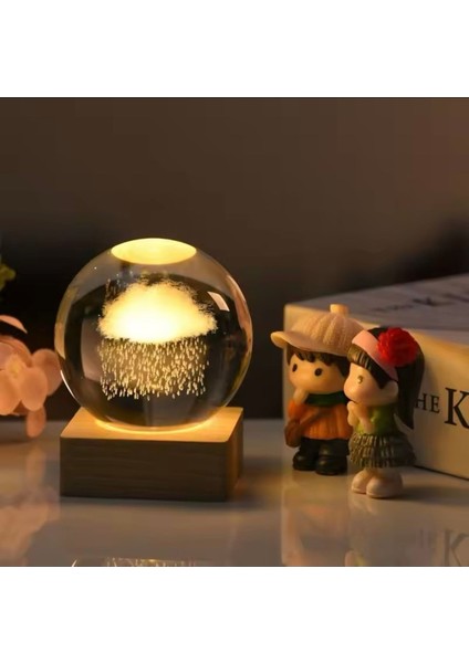 3D LED Işıklı Ahşap Standlı Yağmurlu Bulut Temalı Cam Küre Lamba Kar Küresi Usb'li