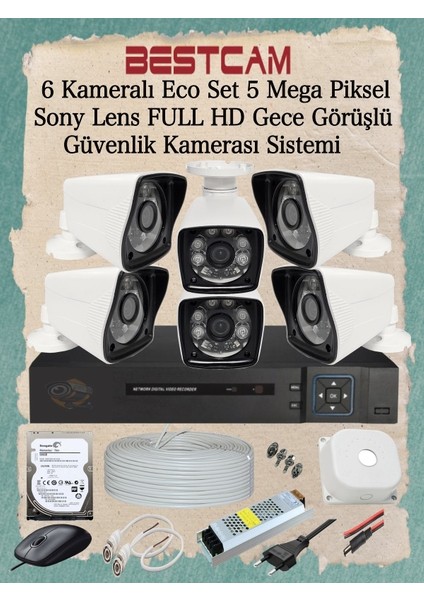 6 Kameralı Eco Set 5 Mega Piksel Sony Lensli Full Hd Gece Görüşlü Güvenlik Kamerası Sistemi 250 GB HDD