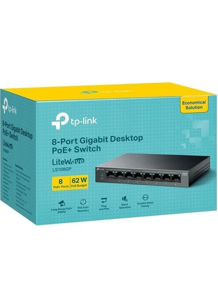 Tp-Lınk LS108GP 8 Port Gıgabıt + RJ45 62W 250 Metre Poe Mesafe Metal Kasa