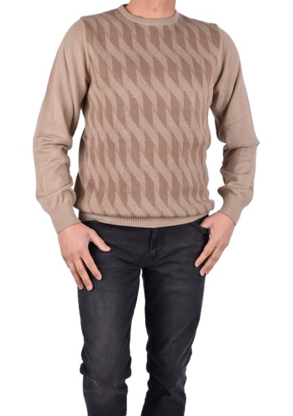 BRG-21174 Bisiklet Yaka Desenli Kazak/vizon/l