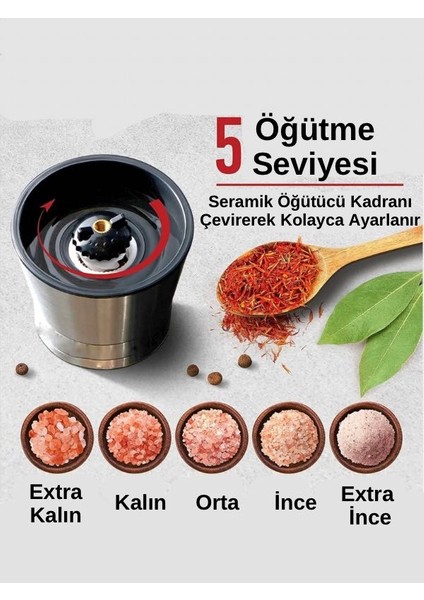 Acılı Kaya Tuzu- Metal Seramik Tuz ve Baharat Öğütücü Değirmen- Tuz Değirmeni -235GR