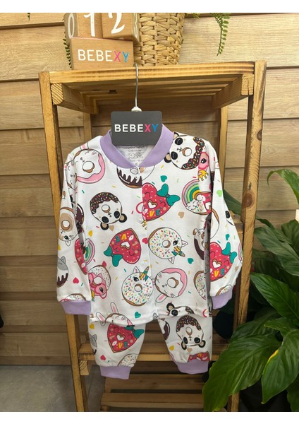 Donatlı Pijama Takımı Mor Yakalı