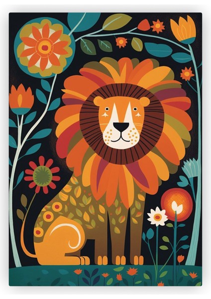 Çiçek Yeleli Renkli Aslan Illüstrasyon Ahşap Poster 20X29 cm