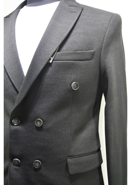 Gılapa Petek Desen Kruvaze Slimfit Erkek Tek Ceket Siyah modelleri