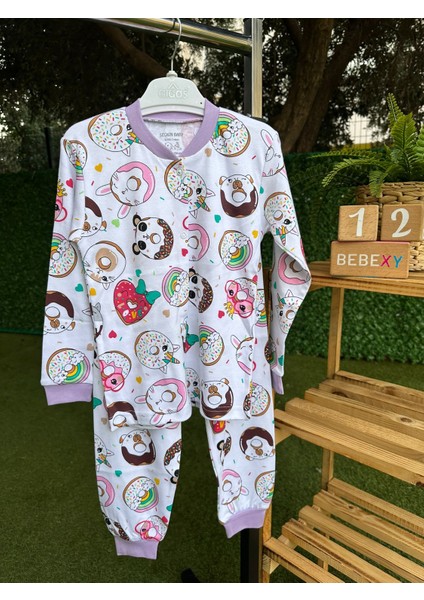 Donatlı Pijama Takımı Mor Yakalı