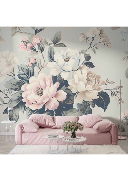 Soft Mavi Pembe Çiçek Desenli Duvar Kağıdı
