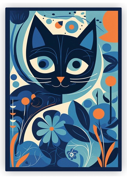 Lacivert Kedi ve Çiçekler Illüstrasyon Ahşap Poster 20X29 cm