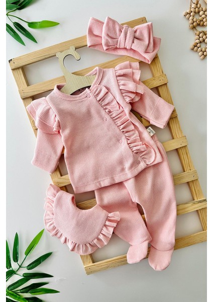 Fırfır Detaylı Kız Bebe 4 Lü Pamuklu takım - Pembe