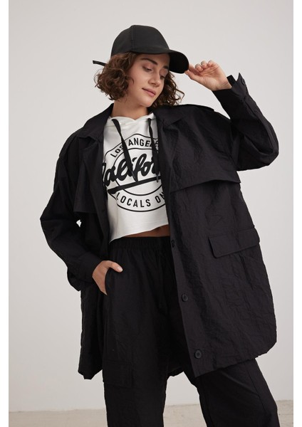 Kadın Cep Detaylı Paraşüt Trençkot Siyah fiyatları