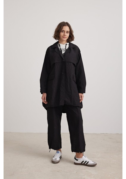 Kadın Cep Detaylı Paraşüt Trençkot Siyah modelleri
