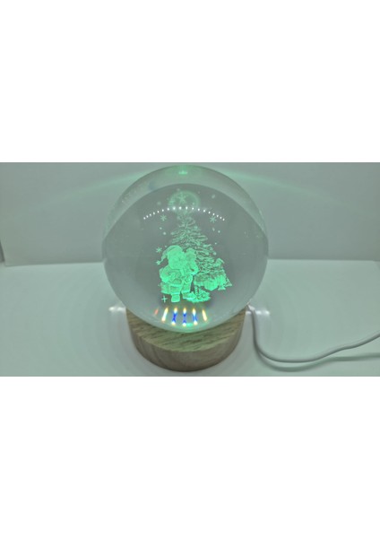 Küre Kristal Cam Noel Baba 8 cm 3D Boyutlu LED Işıklı Ahşap Standlı USB Kablolu