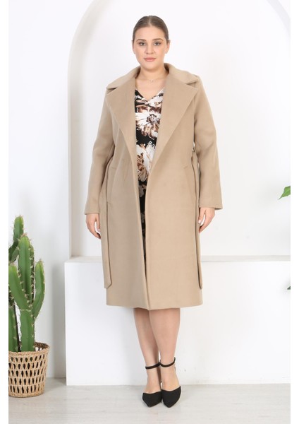 Kadın Vizon Kemer ve Astar Detay Büyük Beden Cepli Yün Kaşe Kaban fiyatları