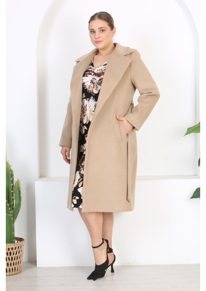 Kadın Vizon Kemer ve Astar Detay Büyük Beden Cepli Yün Kaşe Kaban modelleri