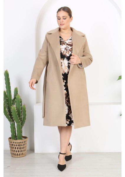 Kadın Vizon Kemer ve Astar Detay Büyük Beden Cepli Yün Kaşe Kaban fırsatları