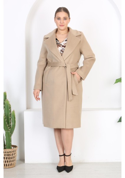Kadın Vizon Kemer ve Astar Detay Büyük Beden Cepli Yün Kaşe Kaban indirimleri