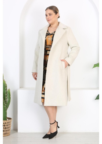 Kadın Ekru Kemer ve Astar Detay Büyük Beden Cepli Yün Kaşe Kaban fiyatları